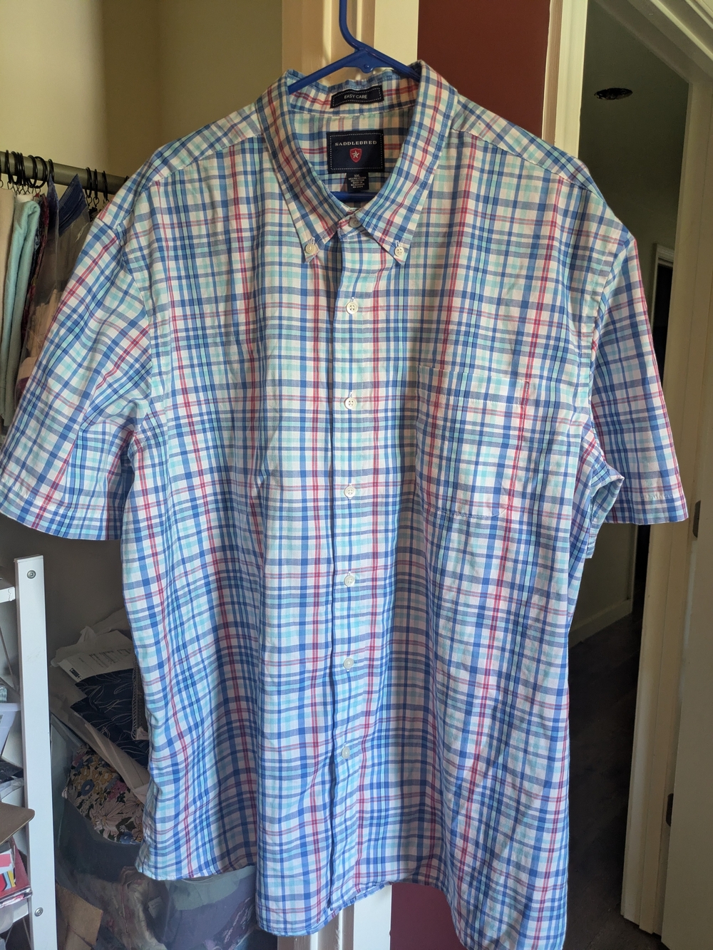 Saddlebred Easy-Care, Men's XXL, Red, White And Blue Plaid Shirt